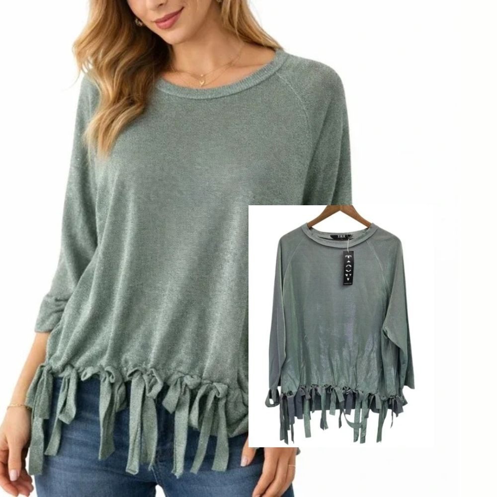 TOV Los Angeles Fringe Hem Top Metallic Oversized Green Womens M